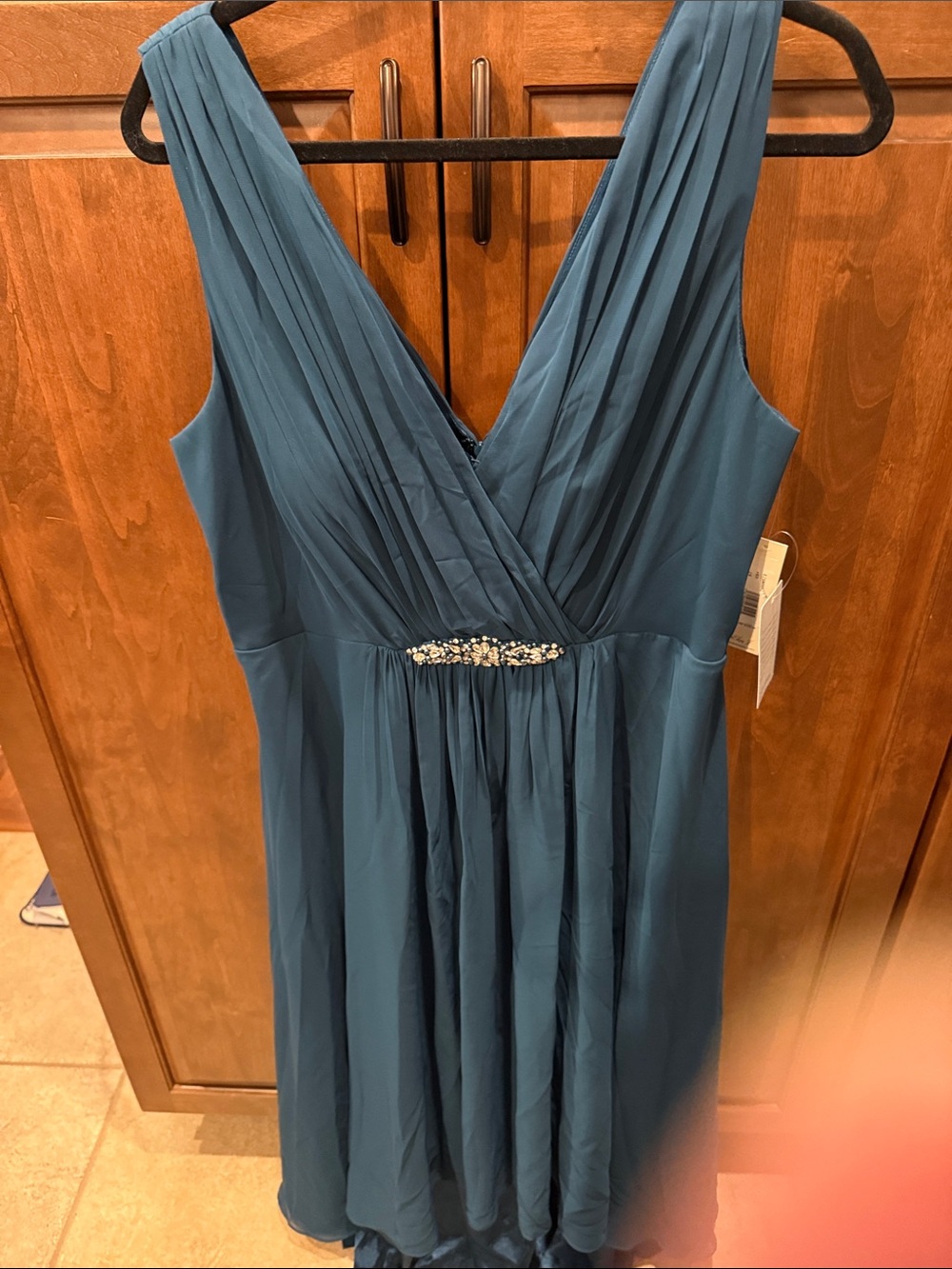 Eliza J Teal V-Neck Pleated Chiffon Prom Dress with Jeweled Waist